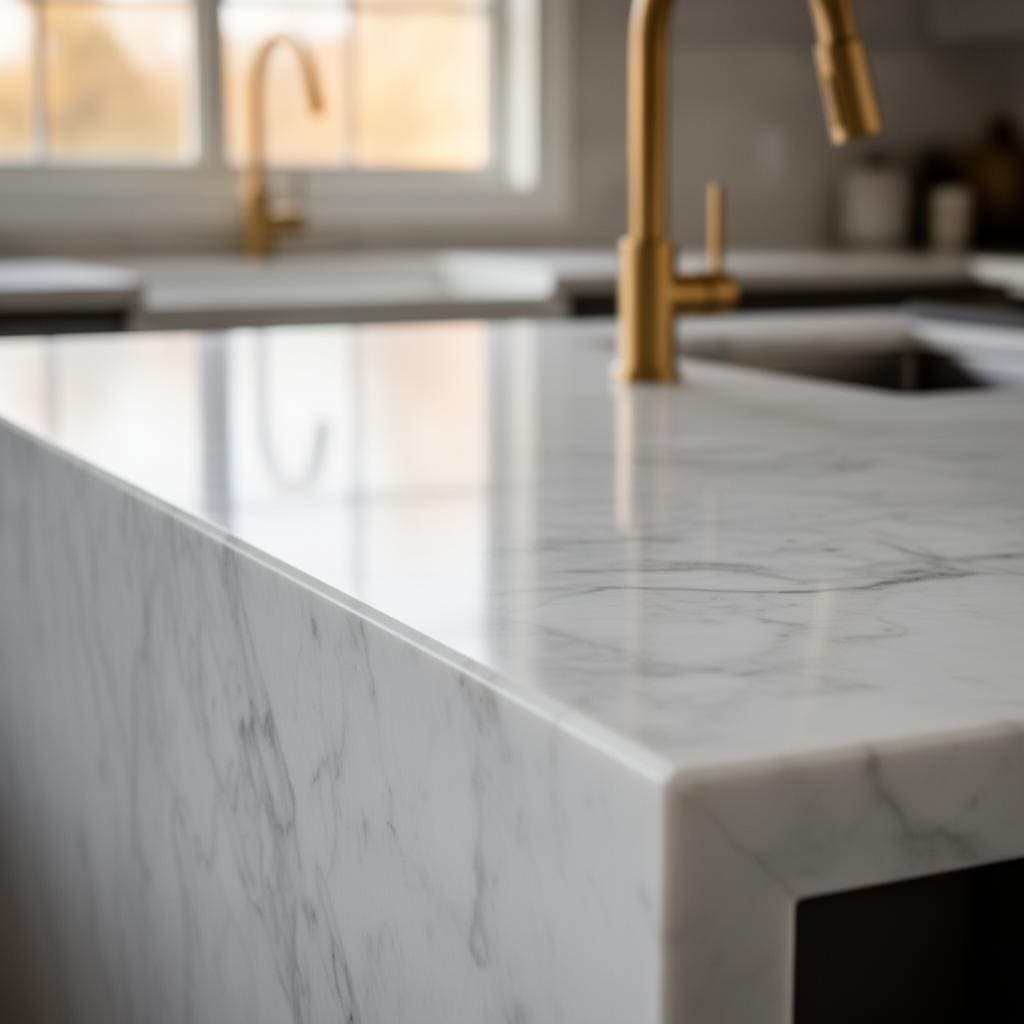 Quartz countertop installation with mitred waterfall edge in an Orlando, FL kitchen